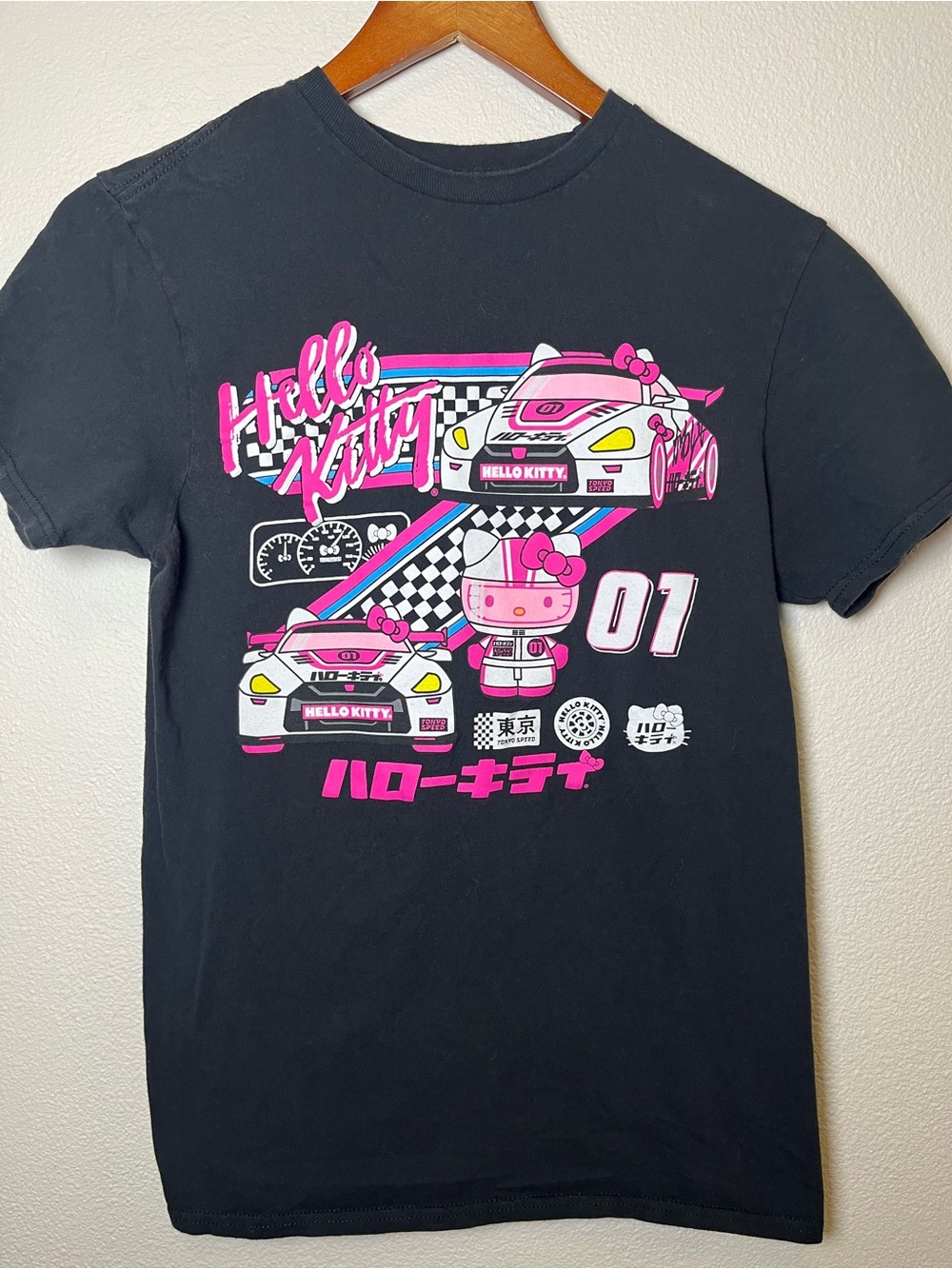 Hello Kitty Black Tee with Pink and White Racing Graphic